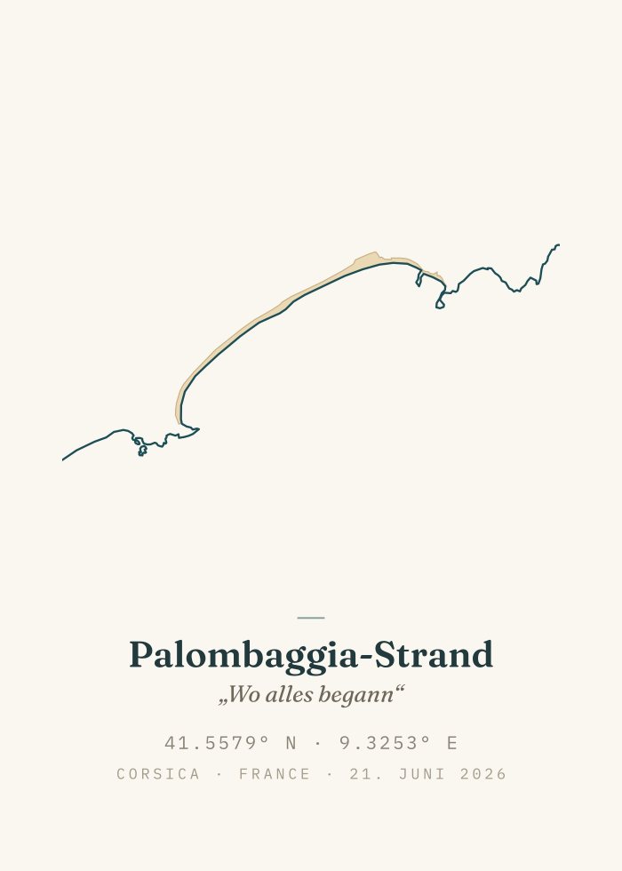 Personalisiertes Strandposter, Stil Klassisch — die echte Küstenlinie von Palombaggia mit Name, Widmung und GPS-Koordinaten