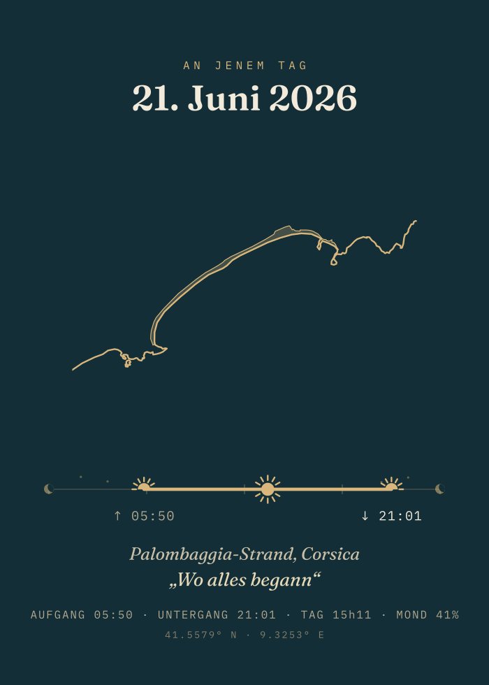 Personalisiertes Strandposter, Stil „Jener Tag“ — Nacht und Gold, mit echtem Sonnenauf- und -untergang und Mond des gewählten Datums