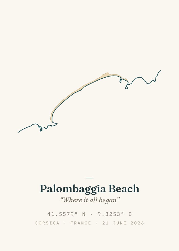 Personalized beach poster, Classic style — the real coastline of Palombaggia with name, dedication and GPS coordinates