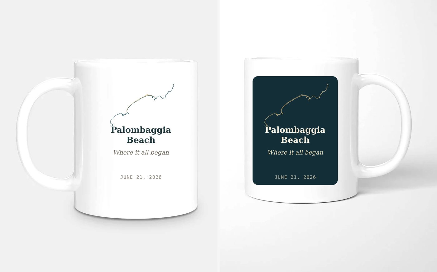 Personalized beach mug printed on both sides — Palombaggia coastline, dedication and date