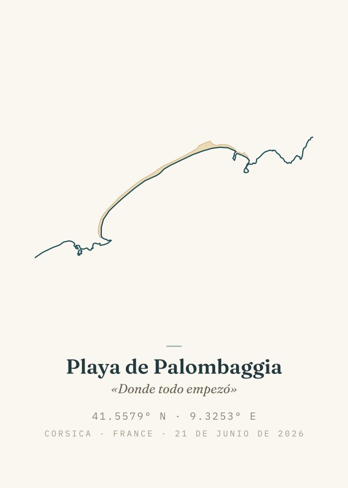 Lámina de playa personalizada, estilo Minimalista — la costa real de Palombaggia con nombre, dedicatoria y coordenadas GPS