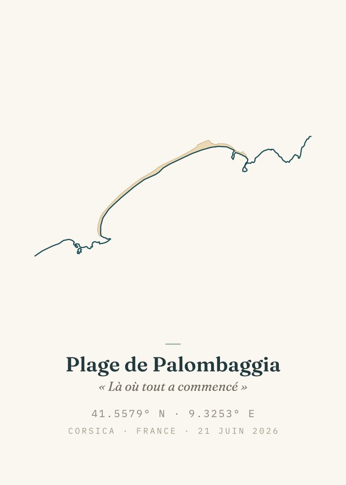 Affiche de plage personnalisée, style Épuré — le tracé réel de Palombaggia avec nom, dédicace et coordonnées GPS