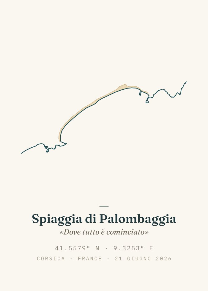 Stampa di spiaggia personalizzata, stile Minimal — la costa reale di Palombaggia con nome, dedica e coordinate GPS
