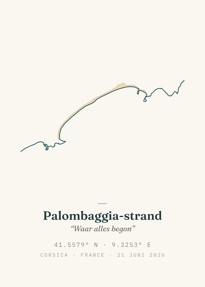 Gepersonaliseerde strandposter, stijl Strak — de echte kustlijn van Palombaggia met naam, opdracht en GPS-coördinaten