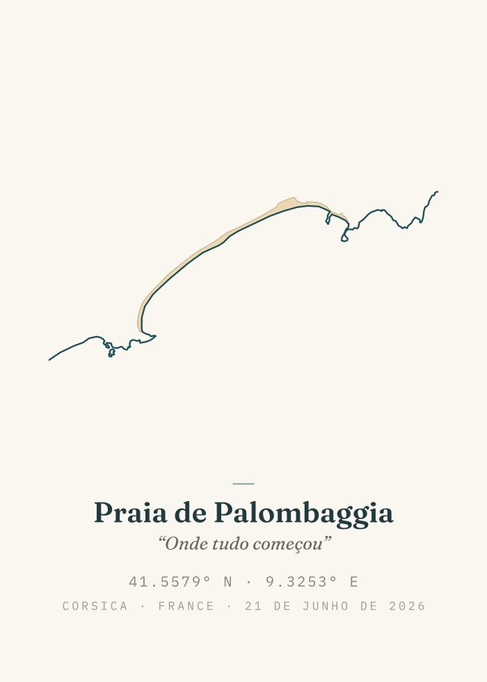 Póster de praia personalizado, estilo Minimalista — a costa real de Palombaggia com nome, dedicatória e coordenadas GPS